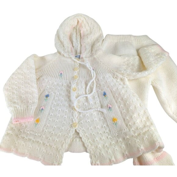 Vintage Made In Portugal Baby Girl 3 Month Hooded Sweater Set Acrylic 2 Piece - Picture 2 of 15